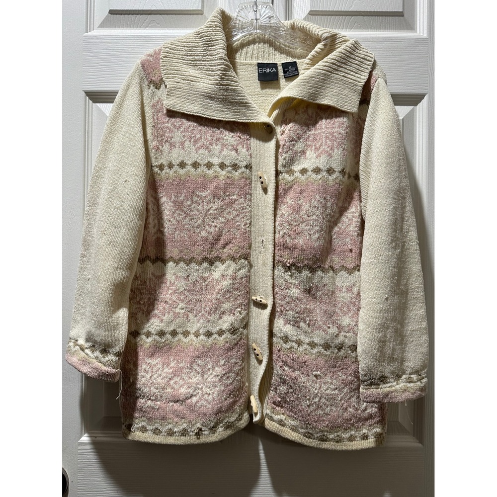 Erika Womens Pink Cream Fair Isle Snowflake Toggle Button Cardigan Sweater Med